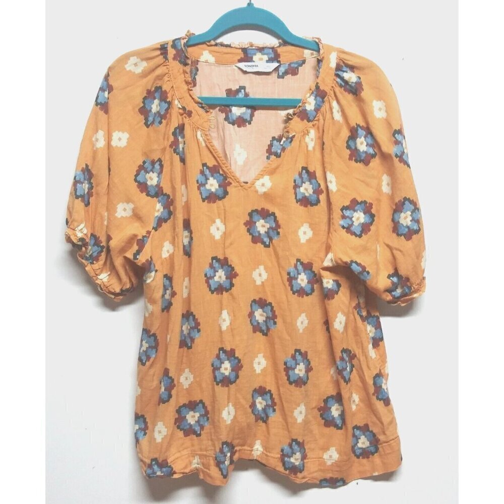 Sonoma blouse top XXL Peasant Boho cotton blend mustard color geometric print EC